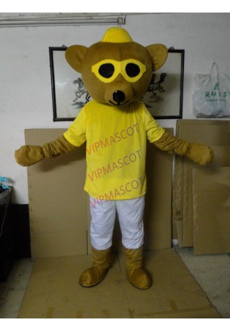 New Style Brown Bear Mascot Costume Adult With Big Yellow Glasses Khaki Mouth Happy Face Fancy Dress