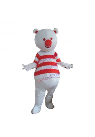SpotSound bear mascot snowman with red and white striped t-shirt