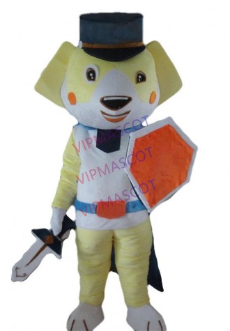 shooting yellow dog taking a sword mascot costume adult dog costume for Halloween party event