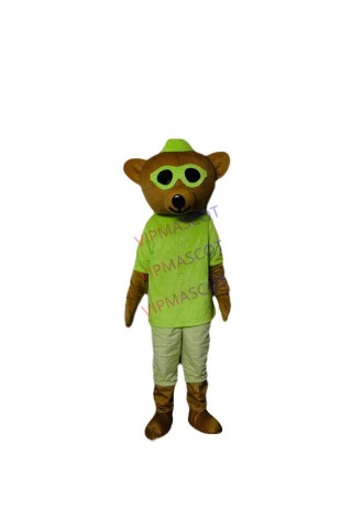 Endearing Brown Bear Mascot Costume With Green Glasses Protruding White Face Black Small Nose Adult Size Dress