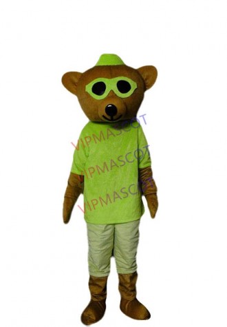 Endearing Brown Bear Mascot Costume With Green Glasses Protruding White Face Black Small Nose Adult Size Dress