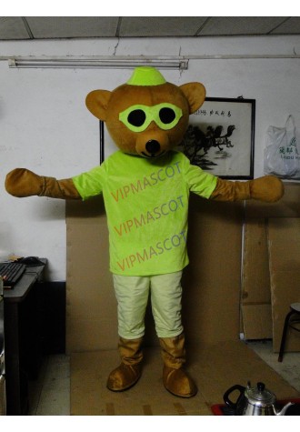 Endearing Brown Bear Mascot Costume With Green Glasses Protruding White Face Black Small Nose Adult Size Dress