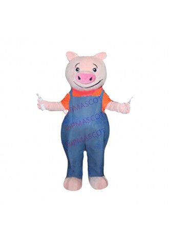 Funny Pig Mascot Costume with blue overalls adult size cartoon pig theme anime cosply costumes carnival fancy dress kits 2503